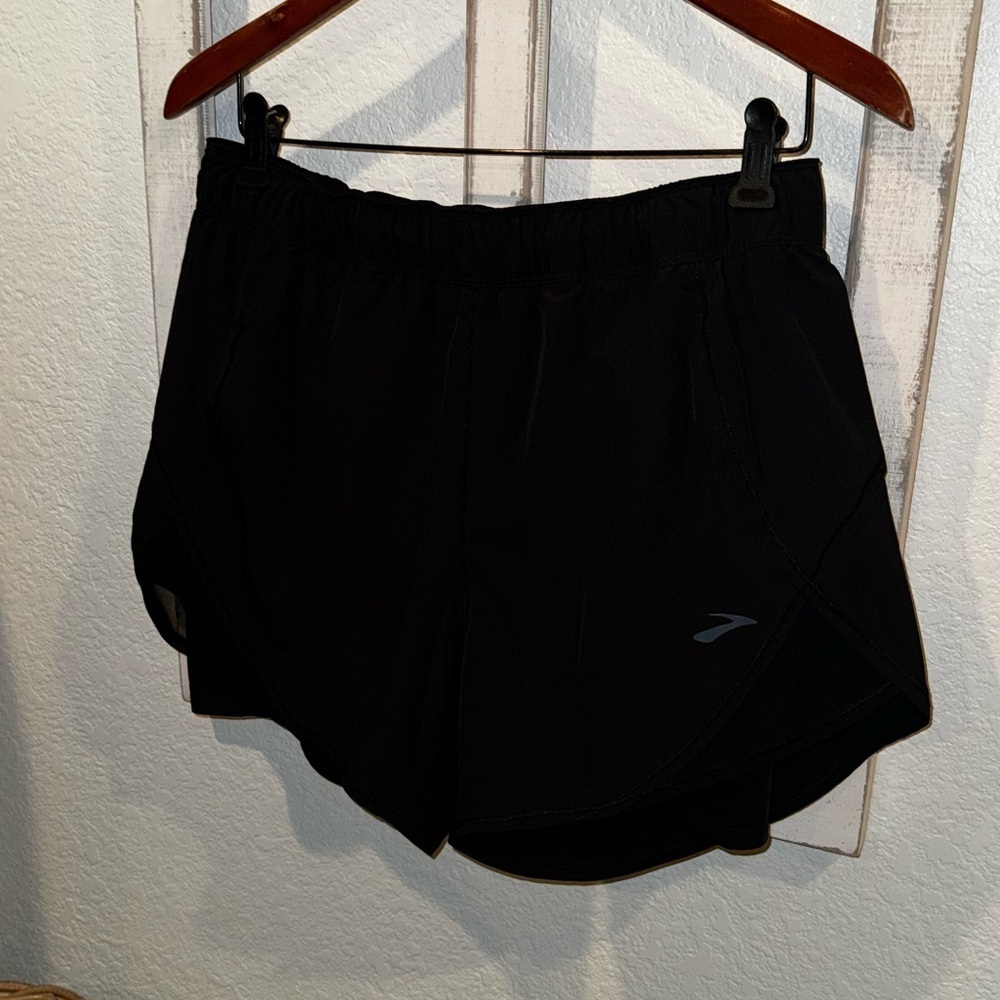 BROOKS Black Tie Waist Lined Running Shorts Layered Size Large Zip Pocket